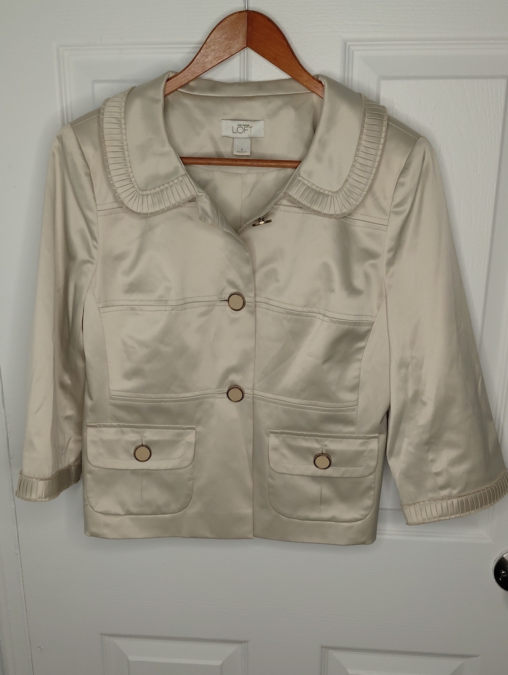 LOFT Cream Satin Cropped Blazer with Pleated Collar